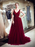 A Line V Neck Sweep Train Tulle Prom Dresses with Beaded LBQ4314
